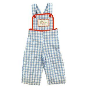 Freckled Magnolia Pumpkin Overalls Boys Blue White Buffalo Plaid Detail Size XS